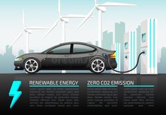 an electric car plugged in to a charging station with wind turbines behind it royalty illustration