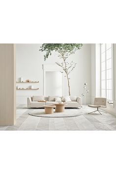 a living room with white furniture and a tree in the corner on the wall behind it