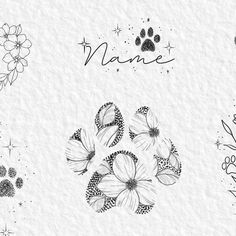 an image of some flowers and dog paw prints on paper with the name nanne written in black ink