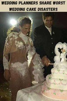 a bride and groom are cutting their wedding cake at the same time as they prepare to cut it