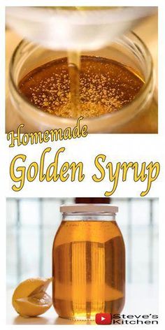 a jar filled with golden syrup next to an orange slice and another jar full of honey