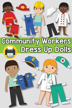 the community workers dress up dolls are shown in this graphic style, with different colors and sizes