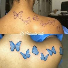 the back of a woman's shoulder with blue butterflies on it