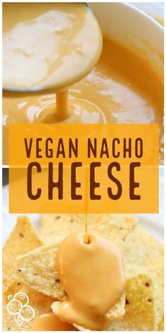 vegan nacho cheese is being drizzled over tortilla chips