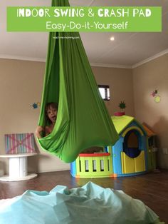 a child in a green hammock with the text indoor swing and crash pad easy - do - it - yourself