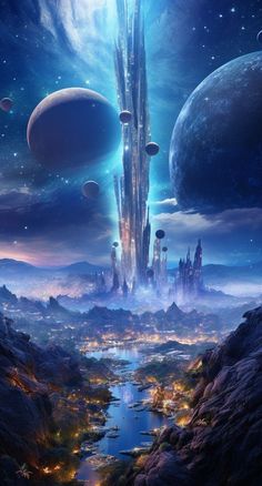 an alien city surrounded by planets in the sky