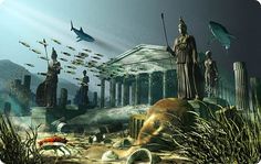 an underwater scene with statues and sharks