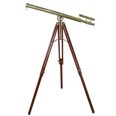 an antique telescope on a tripod with wooden legs and brass plated metal parts