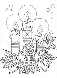 a christmas candle with holly leaves and candles on it, in the middle of a coloring page