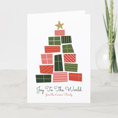 a christmas tree card with the words joy to the world written on it