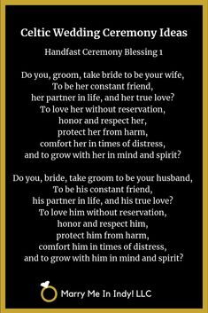 a poem written in black and gold with the words celtic wedding ceremony ideas on it