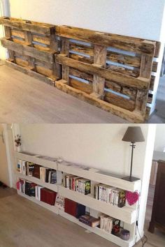 some bookshelves made out of old pallets are sitting on the floor next to a lamp