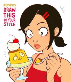 a woman holding a plate with a dessert on top of it and the caption says draw this in your style