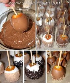 there are pictures of chocolate covered desserts in different stages of being dipped with marshmallows