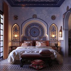 a large bed sitting under a window next to a wall covered in blue and white tiles