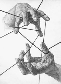 two hands reaching up to each other with lines in the air above them, as if they were trying to connect