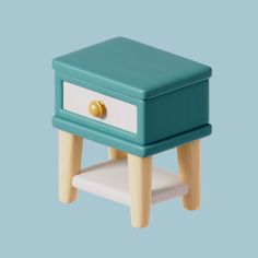 a small blue and white table with two drawers on it's legs, against a blue background