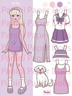 the paper doll is wearing a purple dress and hat with her dog sitting next to it