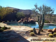 a pool surrounded by rocks and cactus plants