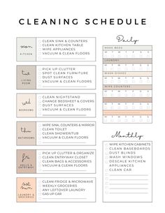 the cleaning schedule is shown in pink, beige and white colors with text that reads cleaning schedule