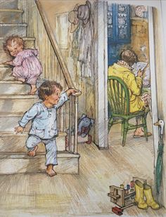 a drawing of two children playing on the stairs in front of an adult and child