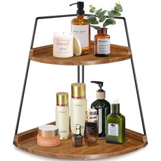 three tiered wooden shelf with various skin care products