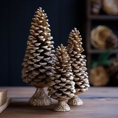 three pine cones sitting on top of a wooden table next to a bookcase and vase