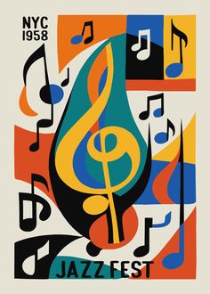 a poster with musical notes and trebles on it's back cover for the new york city jazz festival