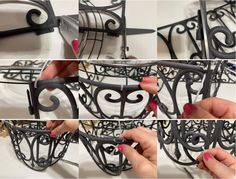 four pictures showing how to make a wrought iron shelf with scissors and glue on it