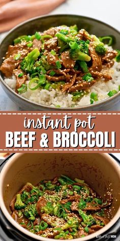 beef and broccoli stir fry in a skillet over white rice with the title instant pot beef and broccoli