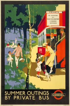 an old style poster shows people on the bus and in the background are children playing