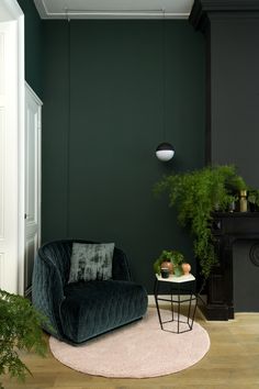 a living room with dark green walls and white rugs on the wooden flooring