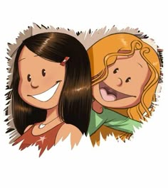 two girls with long hair are smiling and looking at the same person's face