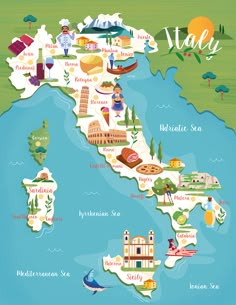 an illustrated map of italy with all the major cities