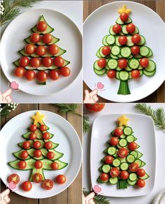 several pictures of christmas tree made out of cucumbers and tomatoes on a plate