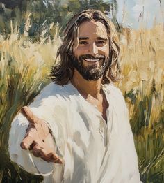 a painting of jesus pointing to the right with his left hand in front of him