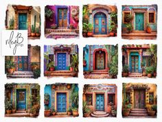 many different doors and windows with plants on them