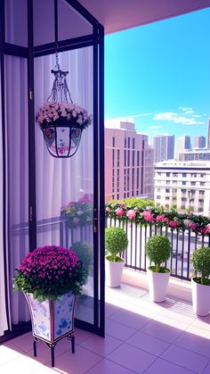 a balcony with potted flowers and a chandelier