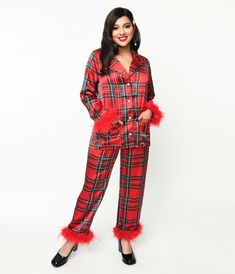 Red Tartan & Feather Trim Pajama Set - Unique Vintage - Womens, ACCESSORIES, LINGERIE Pjs For Women, Plaid Pjs, Satin Pjs, Xmas Pjs, Holiday Pjs, Green Tartan, Tie Waist Pants, Satin Sleepwear, Holiday Plaid