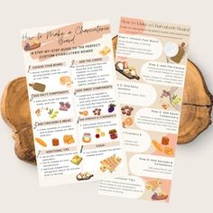 two cards with information about different types of desserts on them next to a piece of wood