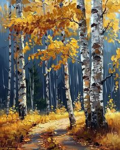 an oil painting of trees with yellow leaves on them and a path through the woods