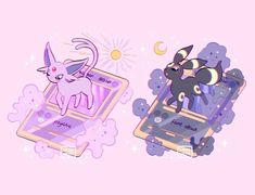 two cartoon cats sitting on top of an electronic device next to each other in front of a pink background