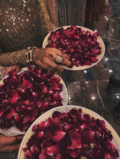 two women holding plates with red flowers on them