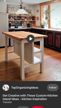 the kitchen island is made from wood and has two shelves on each side that are built into