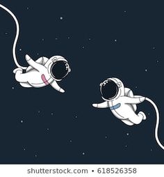 two astronauts floating in the air with their arms around each other and one holding a string