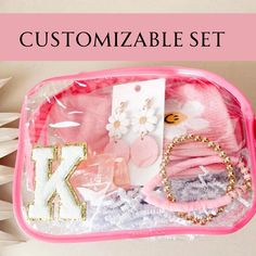 a pink plastic tray filled with personal items and the words customizable set on it