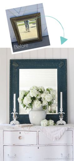 an old dresser has been transformed into a mirror and vase with flowers in it for a vintage look