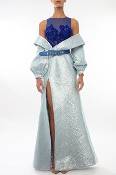 Long sleeves Raffia embroidered dress - HerTrove Couture Blue Dress For Gala, Blue Fitted Couture Dress, Luxury Blue Maxi Dress For Galas, Luxury Blue Maxi Dress For Gala, Luxury Blue Maxi Dress, Elegant Long Embroidered Party Dress, Elegant Fitted Embroidered Dress For Gala, Luxury Blue Dress With Fitted Bodice, Luxury Blue Dress For Gala