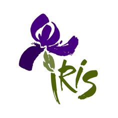 the iris logo is shown in purple and green with an image of a flower on it