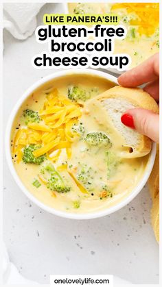 Craving comfort food? Our Gluten-Free Broccoli Cheese Soup recipe is calling your name! Thick, creamy, cheesy & delicious, this gluten-free Panera Copycat broccoli cheddar soup recipe has all the classic flavor you crave, simply made gluten-free! Made from simple ingredients, without a long simmer time, this easy broccoli cheese soup recipe is the perfect dinner for busy weeknights. Get the recipe & more gluten-free soup recipes to try at One Lovely Life Broccoli Cheese Soup Panera, Easy Broccoli Cheese Soup, Broccoli Cheese Soup Recipe, Panera Copycat, Gluten Free Soup Recipes Glutenfree, Gluten Free Comfort Food, Cheddar Broccoli, Recipe Copycat, Broccoli Cheddar Soup Recipe